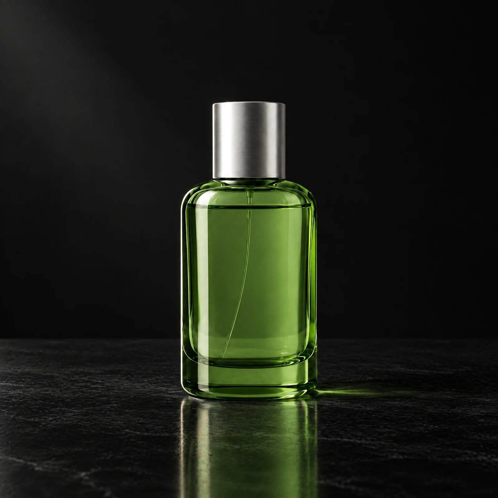 GPT Image 2.5 2K edit: the same green perfume bottle against a black studio backdrop