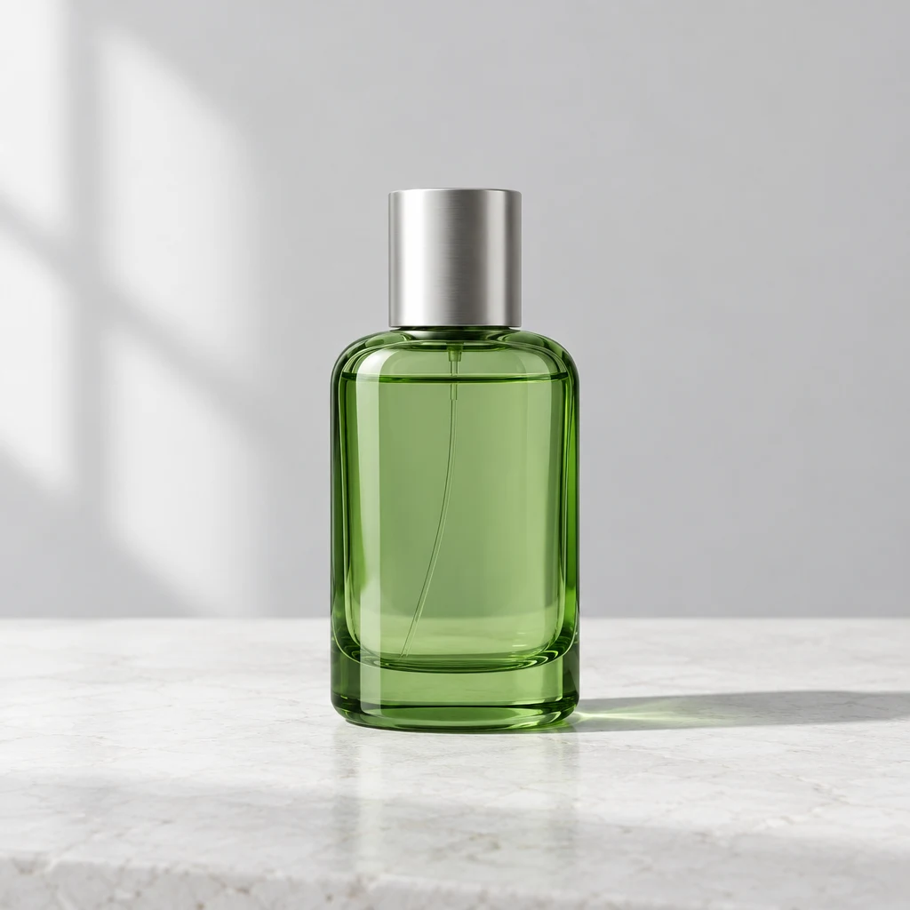 GPT Image 2.5 1K output: green glass perfume bottle with silver cap on white stone